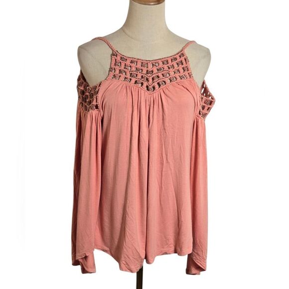 Boston Proper Women's Coral Crochet Bell Sleeve Cold Shoulder Top - Picture 1 of 8
